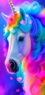 Colorful fantasy unicorn with rainbow mane on a vibrant purple background.