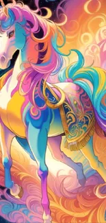 Vibrant unicorn with colorful swirls in a fantasy wallpaper for mobile.