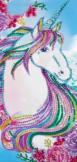 Unicorn with colorful gems and floral patterns on a sky blue background.