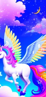 Vibrant unicorn flying under starry sky with colorful clouds.