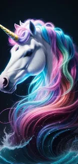 Vibrant unicorn with rainbow mane amidst blue waves.