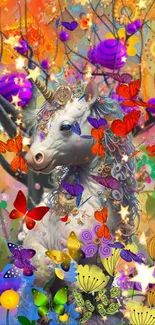 Colorful unicorn with butterflies in a fantasy setting.