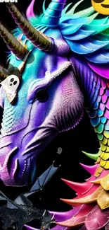 Vibrant unicorn and dragon fantasy art with colorful scales and horns.