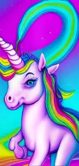 Vibrant unicorn fantasy art with colorful mane and magical background.