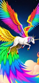 Vibrant unicorn with rainbow wings against a celestial background.