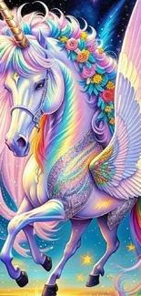 Fantasy unicorn with rainbow wings against a starry night sky in vibrant colors.