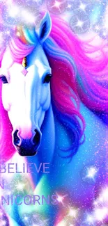 Colorful unicorn with pink mane and shining sparkles on mobile wallpaper.