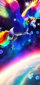 Colorful unicorn flying through a starry sky with vibrant rainbow hues.