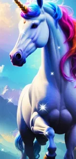 A vibrant unicorn with a colorful mane against a mountainous landscape.