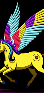 Vibrant unicorn with colorful wings on black background.