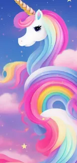 Vibrant unicorn with rainbow mane floating in a starry pink sky fantasy wallpaper.