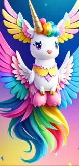 Vibrant rainbow unicorn with colorful wings on a fantasy wallpaper background.