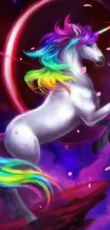 A vibrant unicorn in a galaxy with rainbow mane on a starry background.