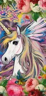 Vibrant unicorn and roses in graffiti art on mobile wallpaper.