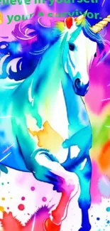 Colorful, inspiring unicorn art wallpaper with motivational text and vibrant design.