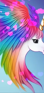 Vibrant unicorn with a rainbow mane against a soft blue sky.