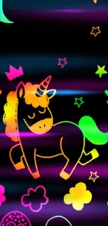 Neon unicorn with vibrant stars and clouds on a black background.