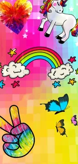 Colorful unicorn and rainbow wallpaper with butterflies.