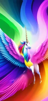 Vibrant unicorn with rainbow wings on a colorful abstract background.