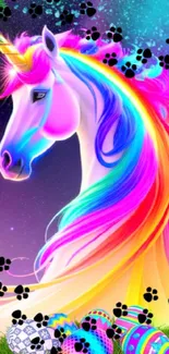 Colorful unicorn with a rainbow mane on a magical background.