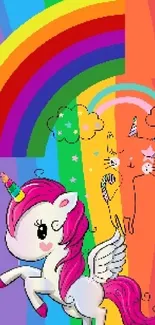 Unicorn with vibrant rainbow mobile wallpaper design.