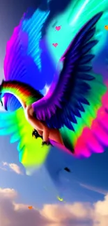 Colorful vibrant unicorn with rainbow wings in the sky.