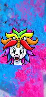 Colorful unicorn with vibrant blue and pink background.