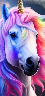 Majestic unicorn wallpaper with rainbow mane.