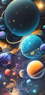 Vibrant space-themed mobile wallpaper with colorful planets and cosmic designs.