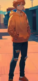 Anime character in orange hoodie on vibrant urban street.