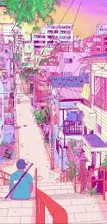 Colorful anime-style city street wallpaper.