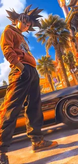 Anime street style character in vibrant urban setting with palm trees.