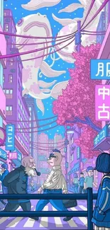 Anime-inspired vibrant urban street scene with neon signs and characters.