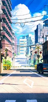 Anime-style urban street with blue sky and city buildings.