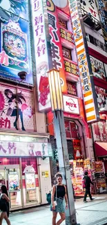 Urban street with bright anime billboards and vibrant lights.