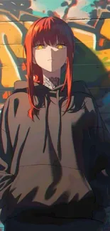 Redhead anime character with graffiti background.