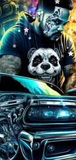 Vibrant urban art wallpaper with graffiti and panda design.