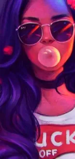 Stylish woman in sunglasses and bubblegum, purple tones art wallpaper.