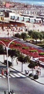 Urban beach scene with vibrant colors and lively activity under a sunny sky.