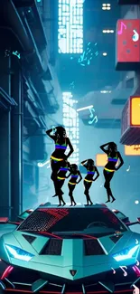 Colorful wallpaper of dancers on a car under neon city lights.