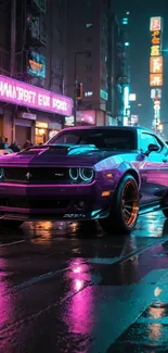 Purple sports car in neon-lit urban street at night.