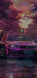 Purple sports car on a vibrant city street at night with glowing streetlights.