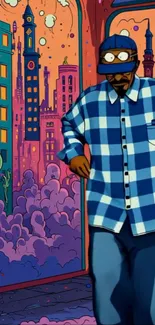 Cartoon character in a colorful urban setting