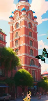 A vibrant cityscape with a red tower and butterfly, set against a blue sky.