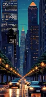 Night cityscape with skyscrapers and glowing streetlights.