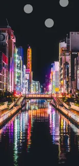 Vibrant cityscape at night with neon-lit buildings.