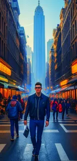 Man walking in vibrant urban city street with skyscraper in background.