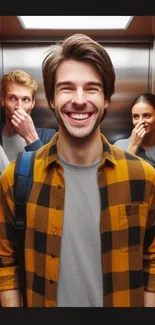 Smiling individual in mustard plaid shirt in lively elevator.