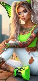 A vibrant urban fairy with tattoos in neon colors on a cityscape background.