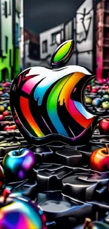 Vibrant urban scene with colorful apples and a bright apple logo.